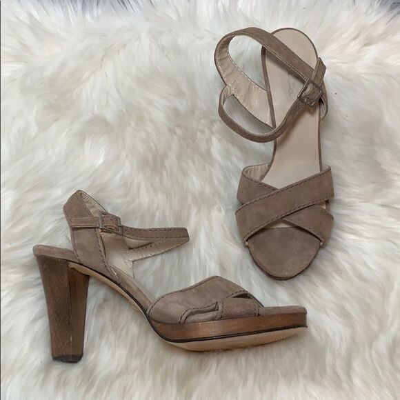 Boden Tan Suede Wood Platform Heels Sz 10 - Picture 1 of 7